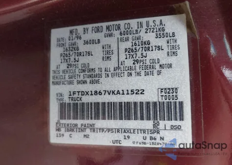 1997 Ford F-150 Lariat/Xl/Xlt z USA, uszkodzony, nr VIN 1FTDX1867VKA11522